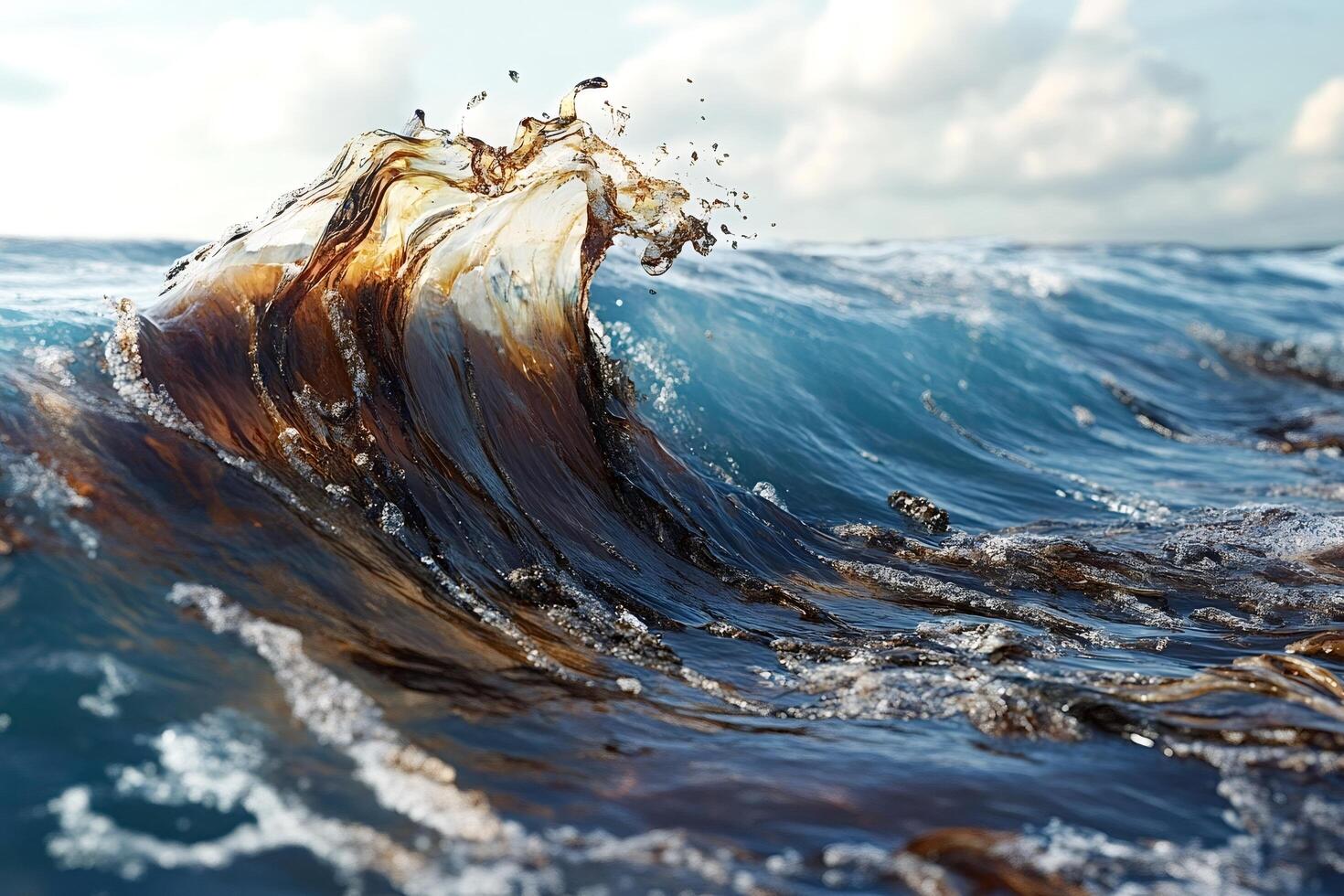 Crude oil spill forming a crest on ocean wave photo
