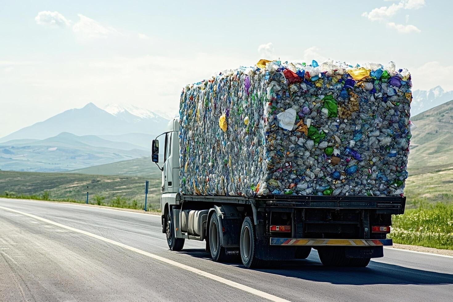 Truck transporting huge bale of plastic bottles for recycling on scenic road photo