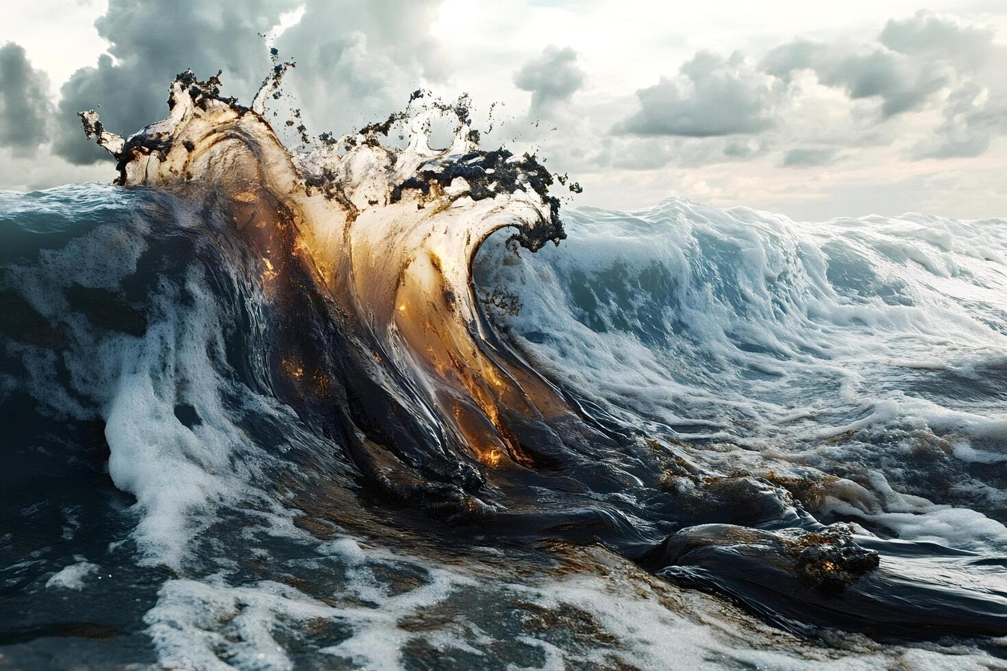 Crude oil spill polluting ocean wave at sunset photo