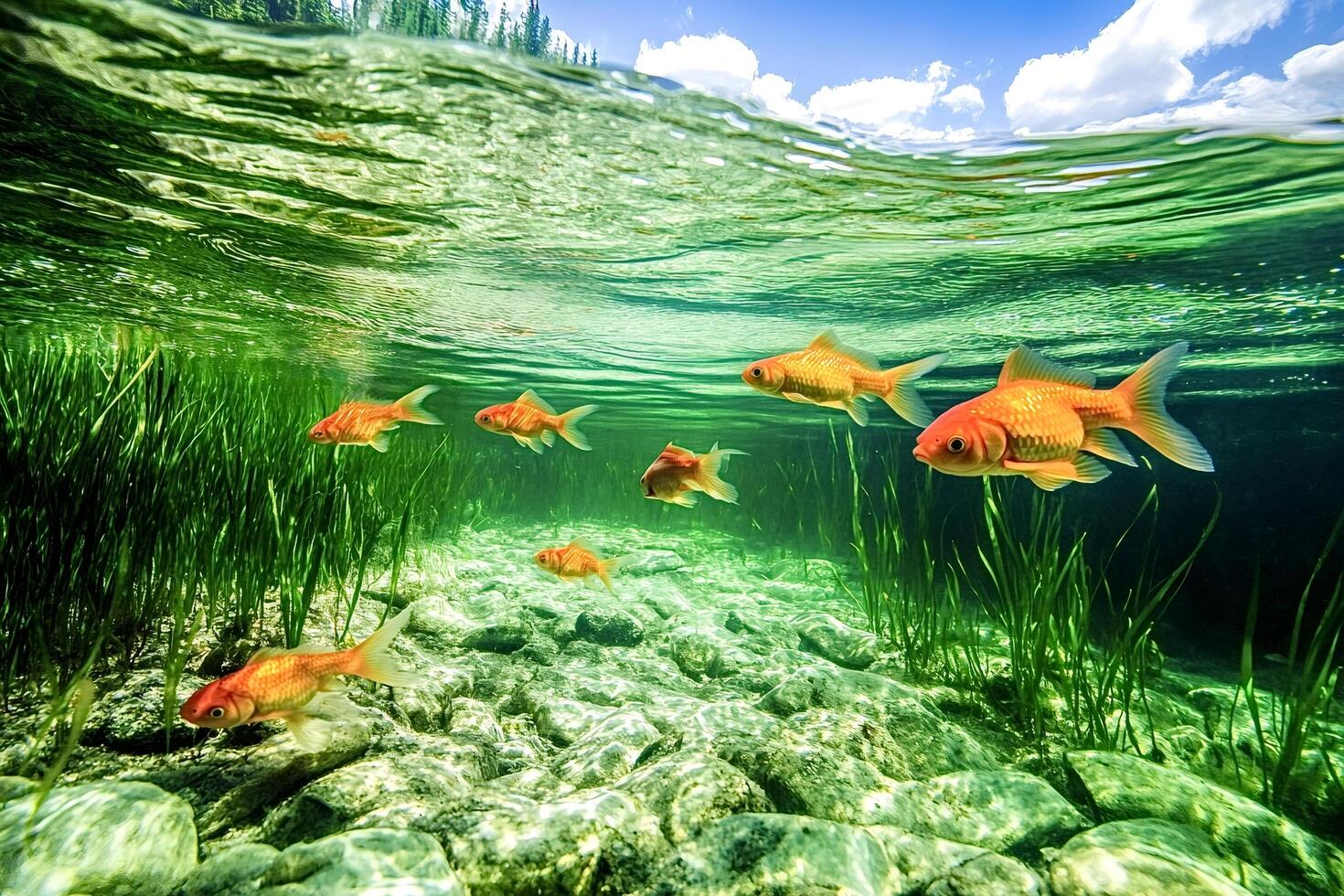 Goldfish swimming in pristine river habitat a serene underwater view photo
