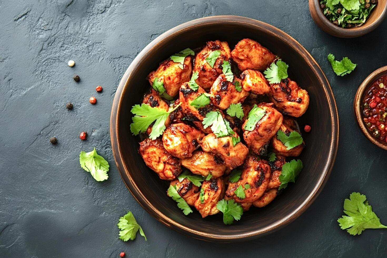 Spicy chicken bites with cilantro and red pepper flakes in a bowl photo