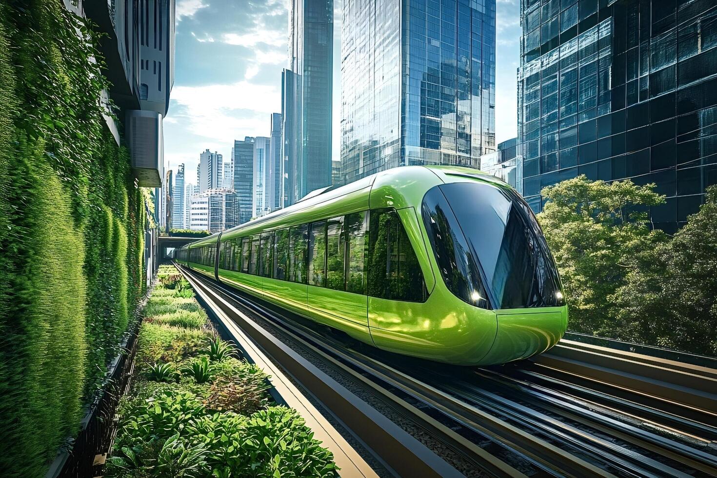 Green futuristic train passing through modern sustainable city with skyscrapers photo