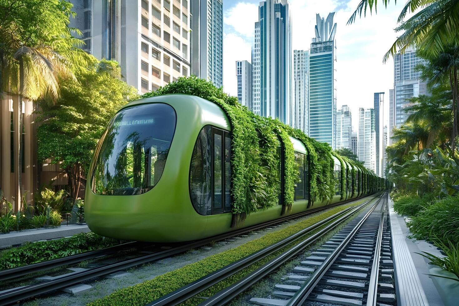 Green train with plants growing on its roof is crossing modern city photo