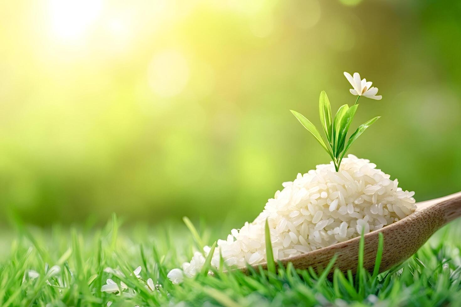 Rice plant growing on a pile of rice grains in wooden spoon on grass photo