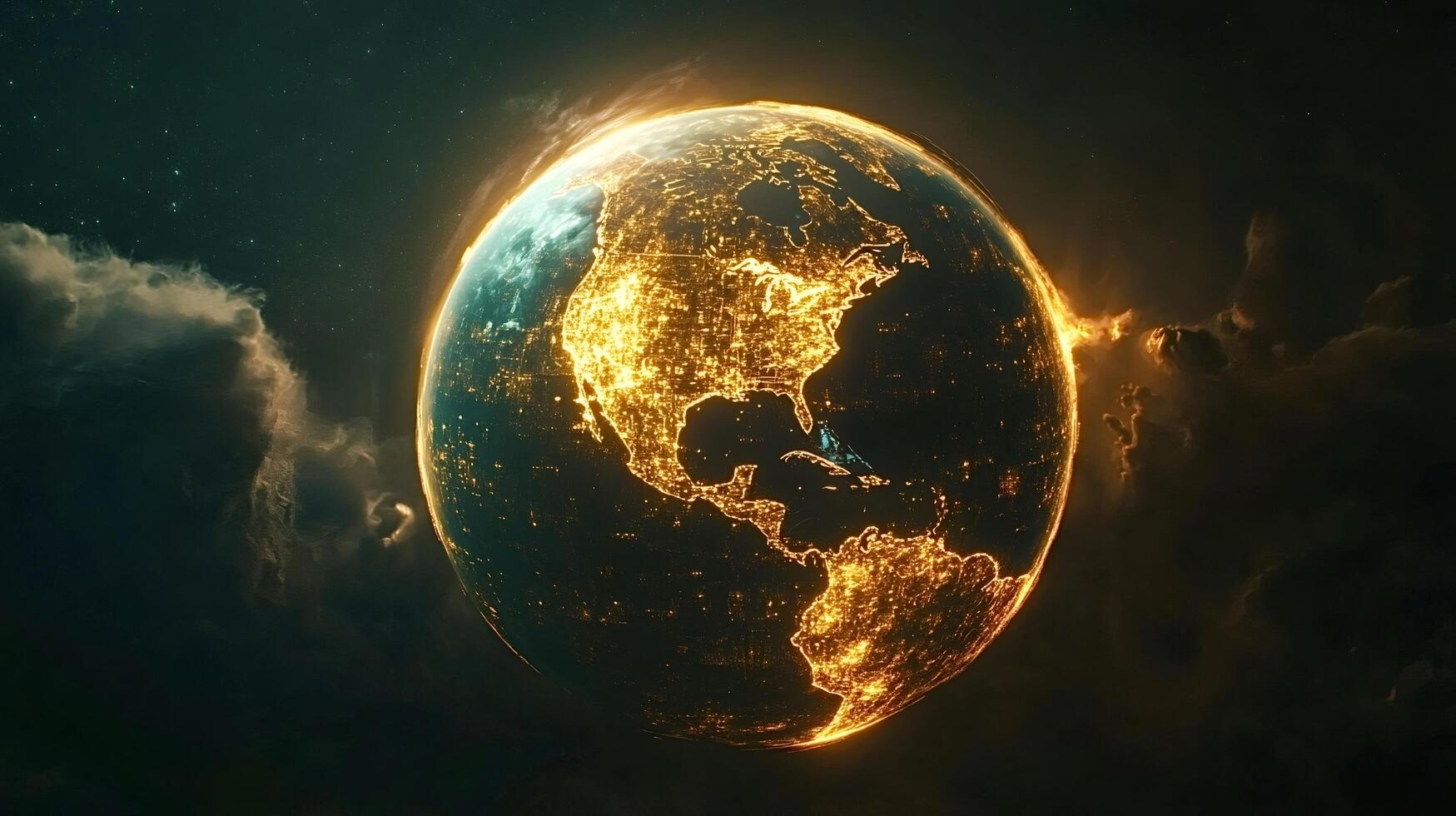 Planet earth rotating in space showing north and south america at night photo