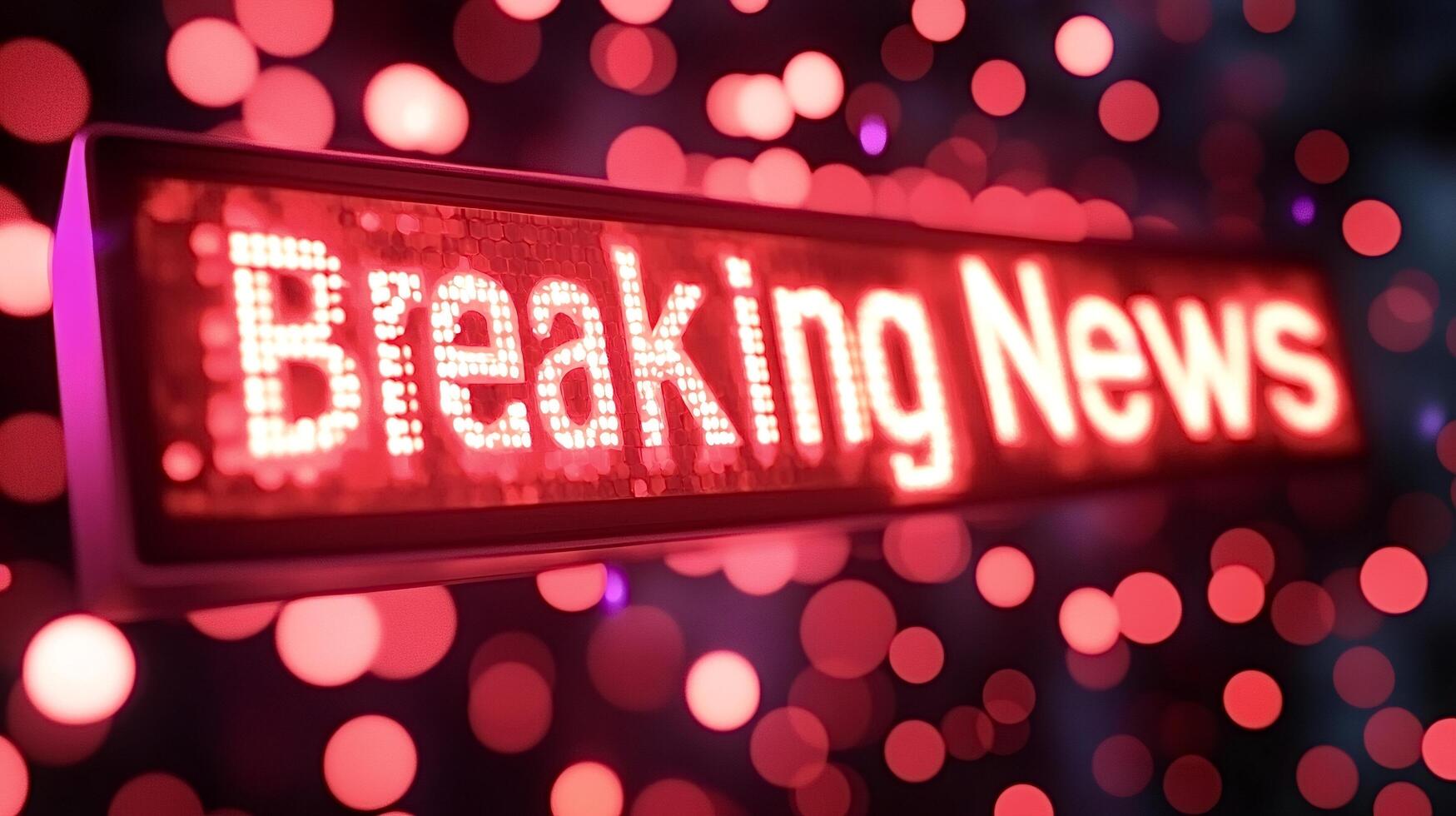 Breaking news sign displaying on led panel with blurred red lights photo