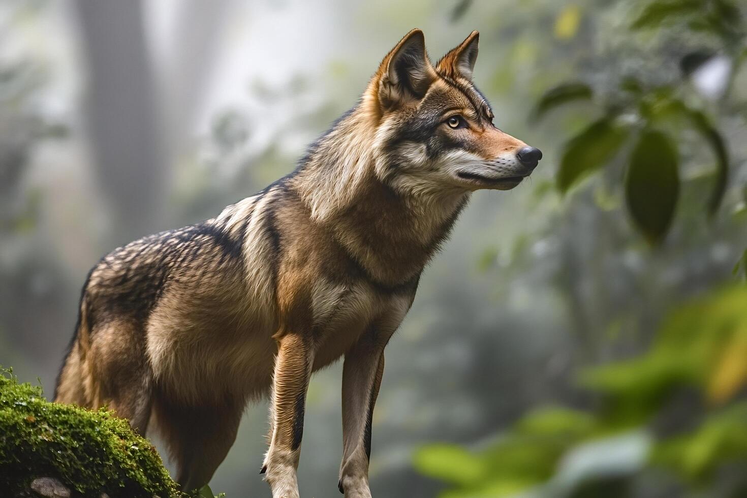 Iberian wolf standing on mossy rock in forest photo