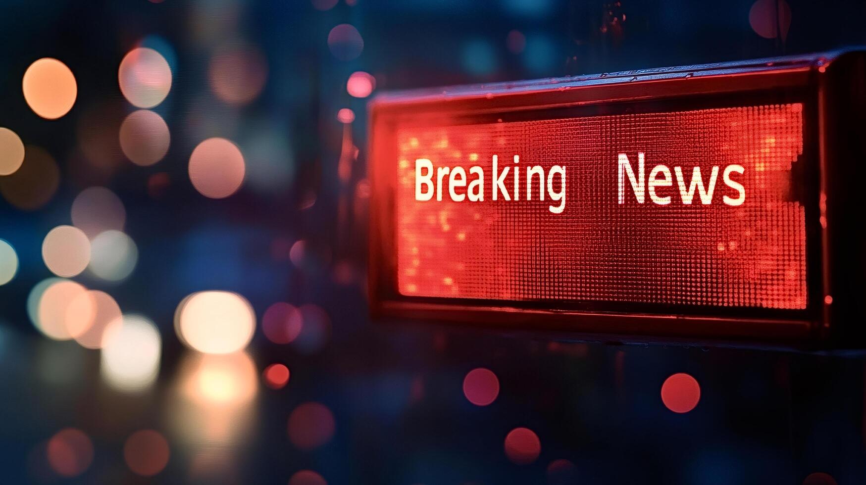 Breaking news sign displaying on a wet rainy night photo