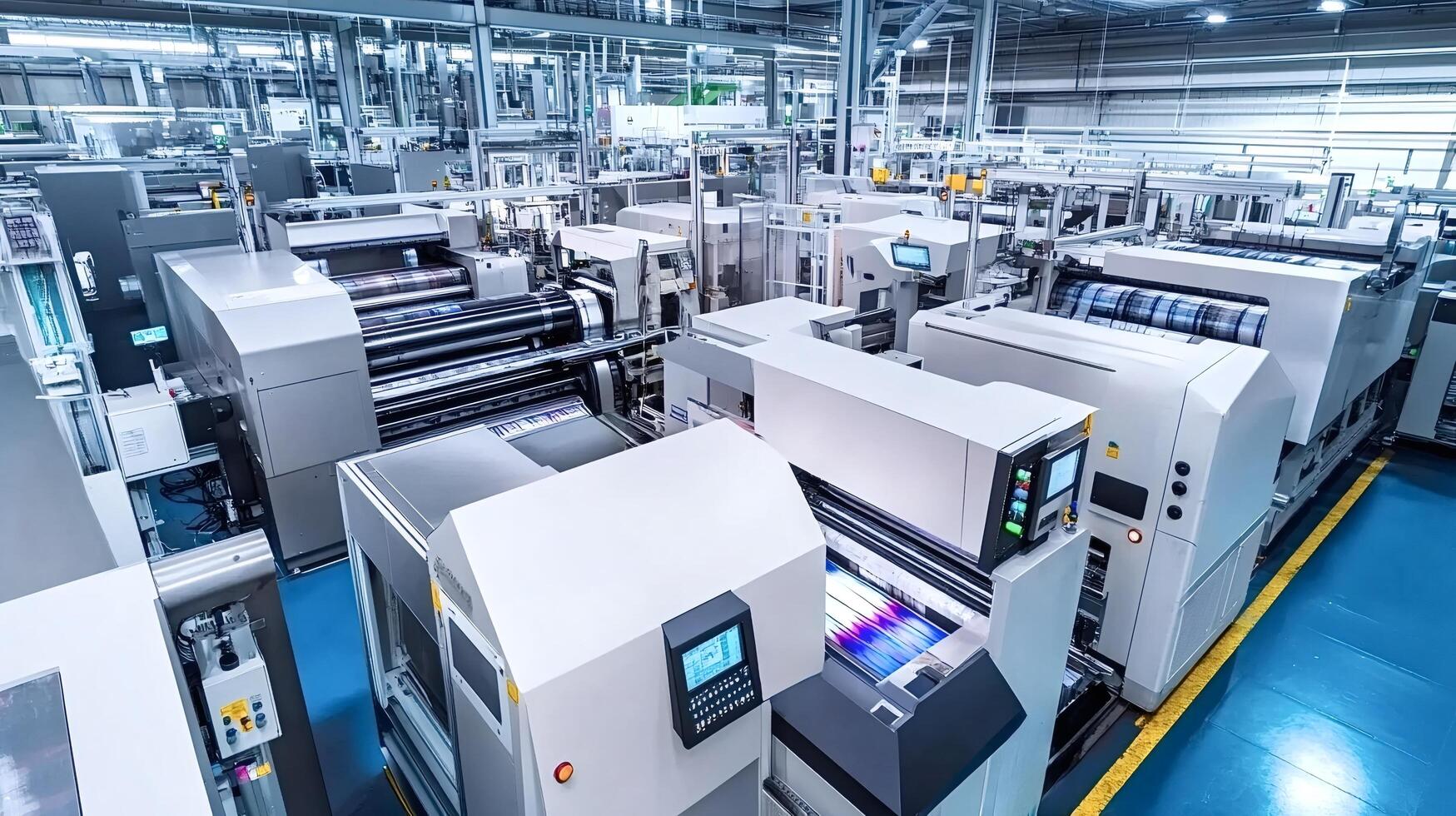 Modern printing machines processing colorful paper rolls in factory photo