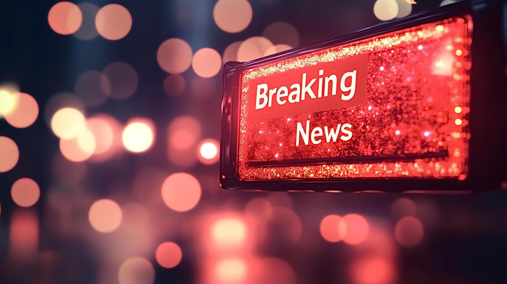 Breaking news sign displaying important information at night photo