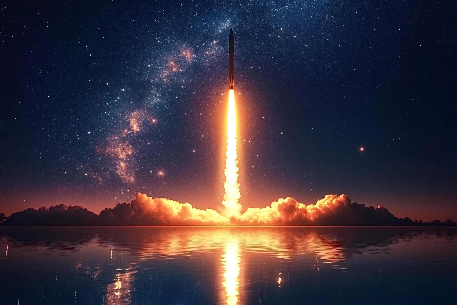 Rocket launching from water at sunset with starry sky photo