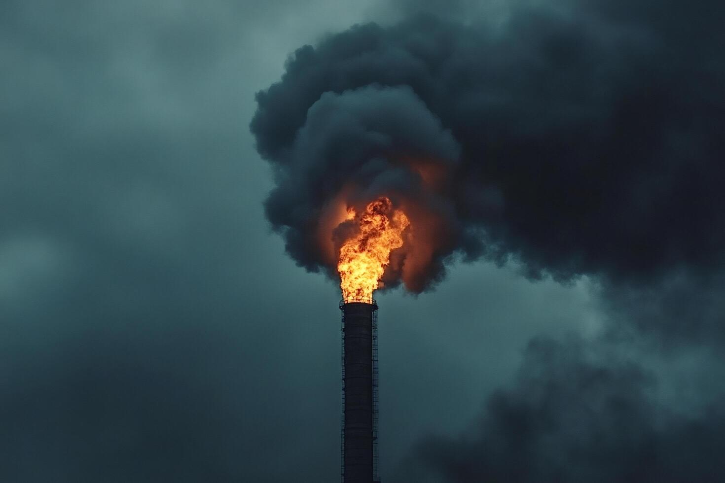 Industrial chimney emitting smoke and fire at dusk polluting the air photo