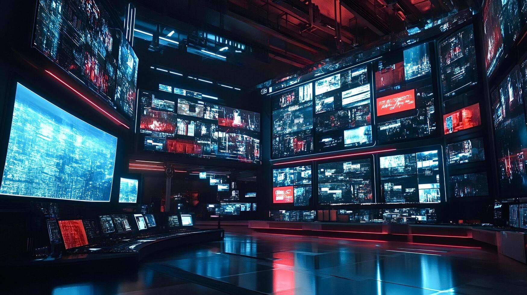 Modern cyber security center monitoring multiple screens showing data analysis photo