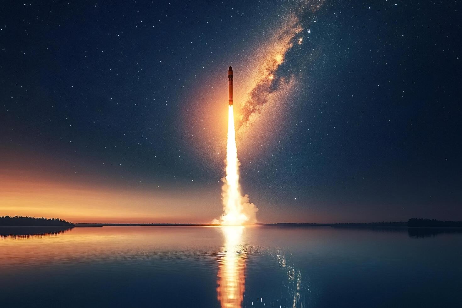 Rocket launching from water at sunset with milky way and stars in background photo