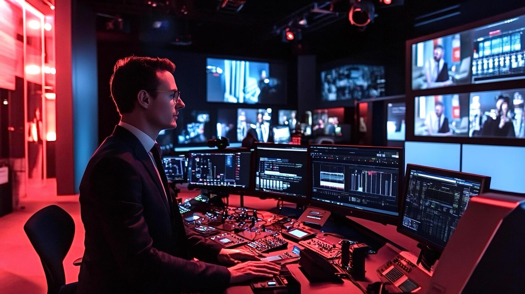 Television broadcast engineer working in red lit modern studio control room photo