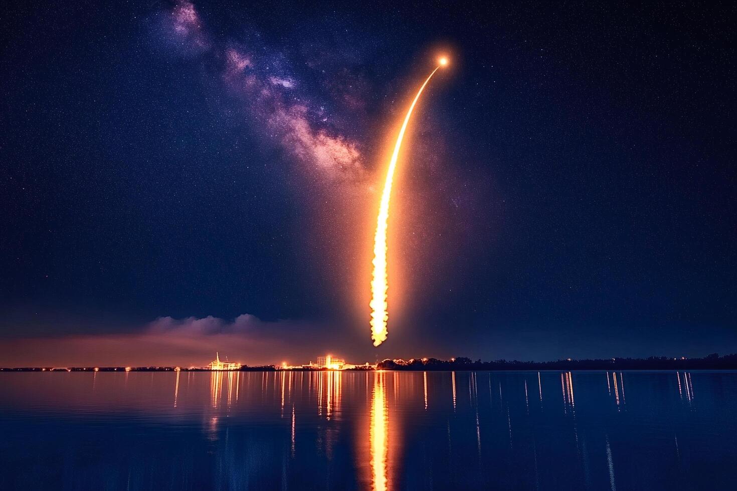 Rocket launching into starry night sky reflecting on calm water photo