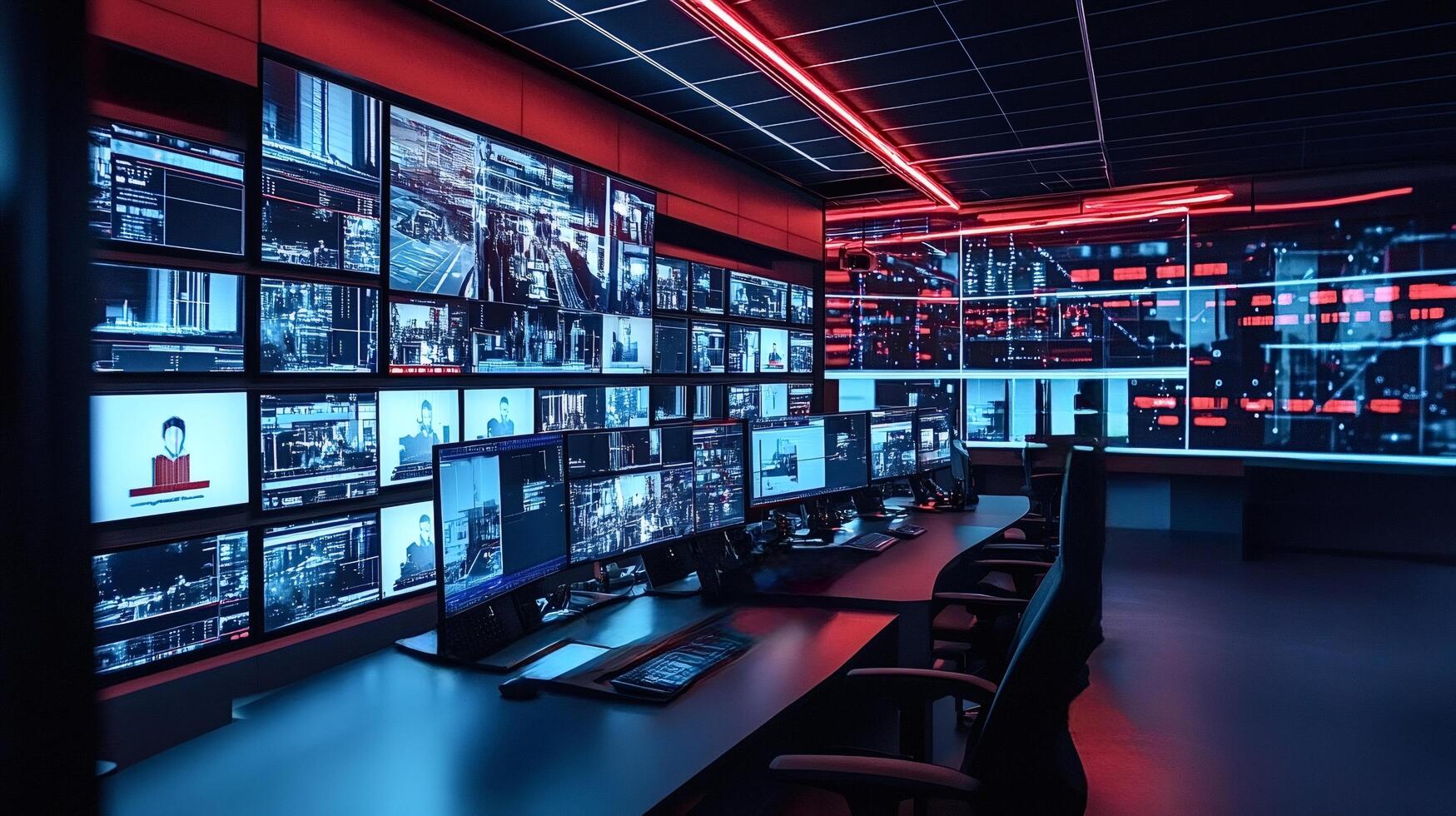 Modern cybersecurity center monitoring network activity on multiple screens photo