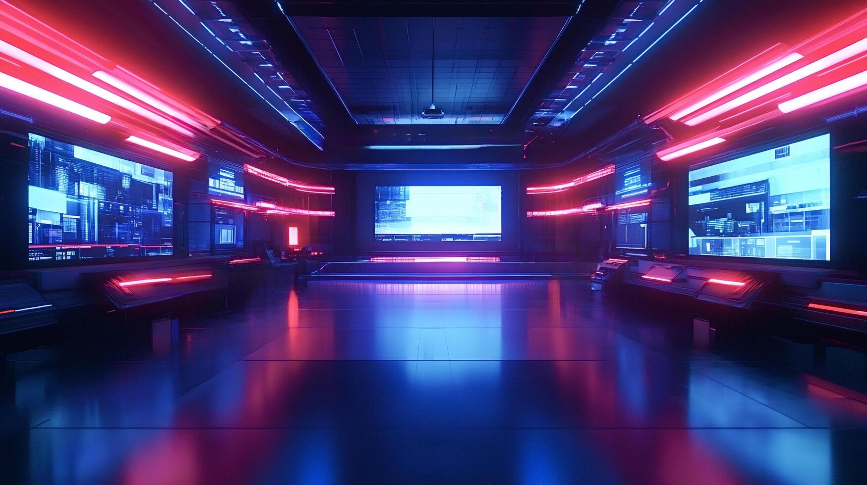 Futuristic command center showing data on multiple screens in neon lights photo