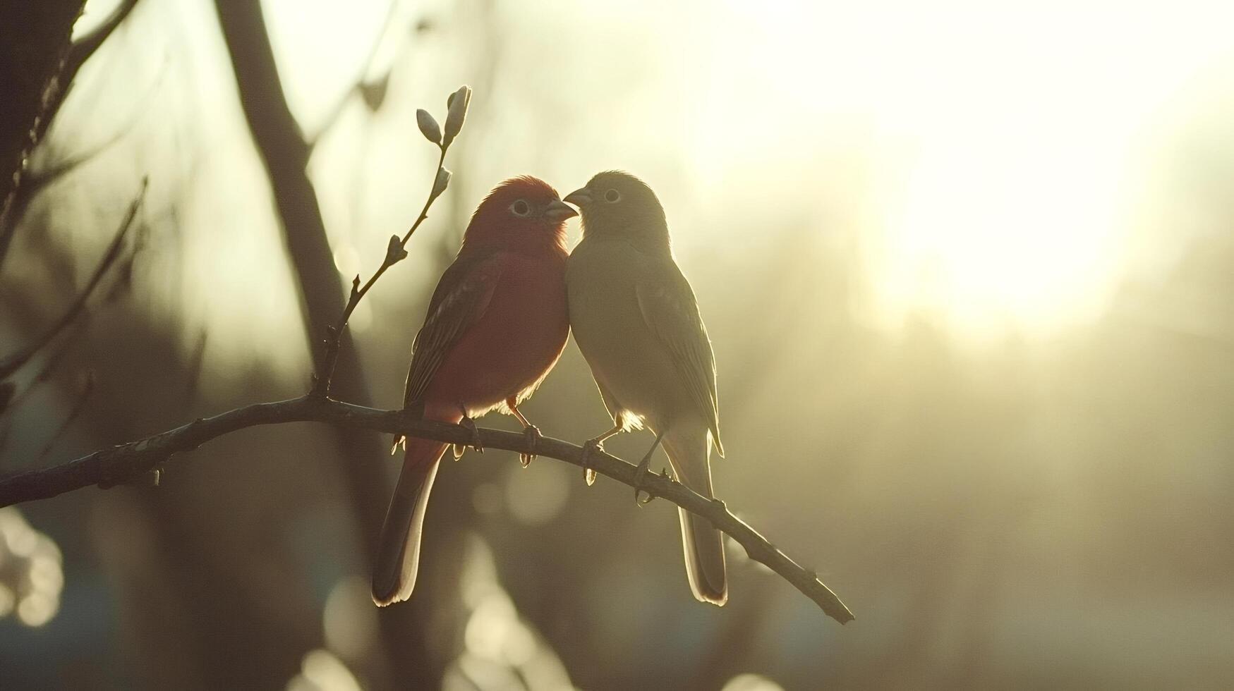 Two birds showing affection on a branch at sunset photo