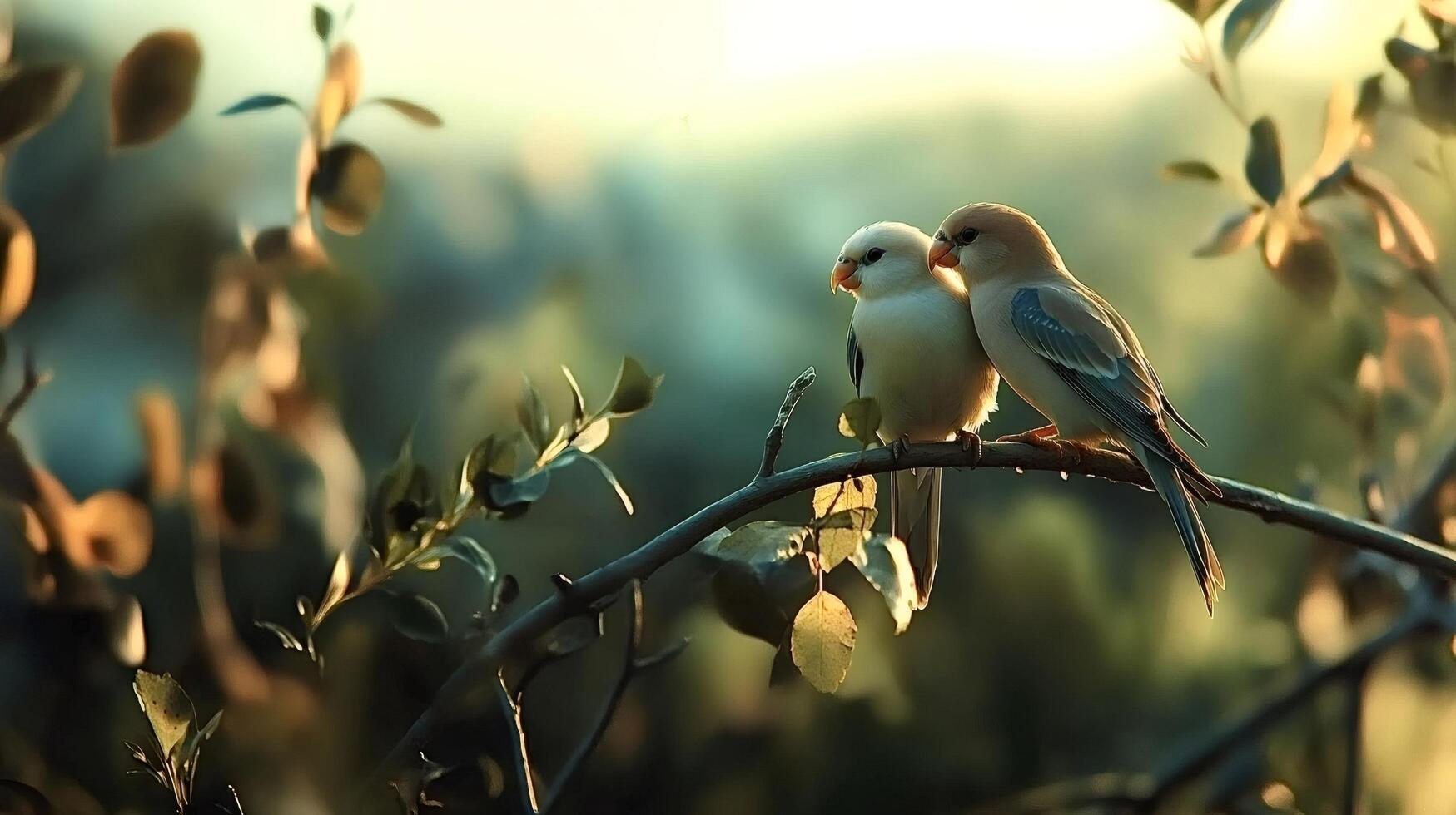 Two parrots showing affection on a branch at sunset photo