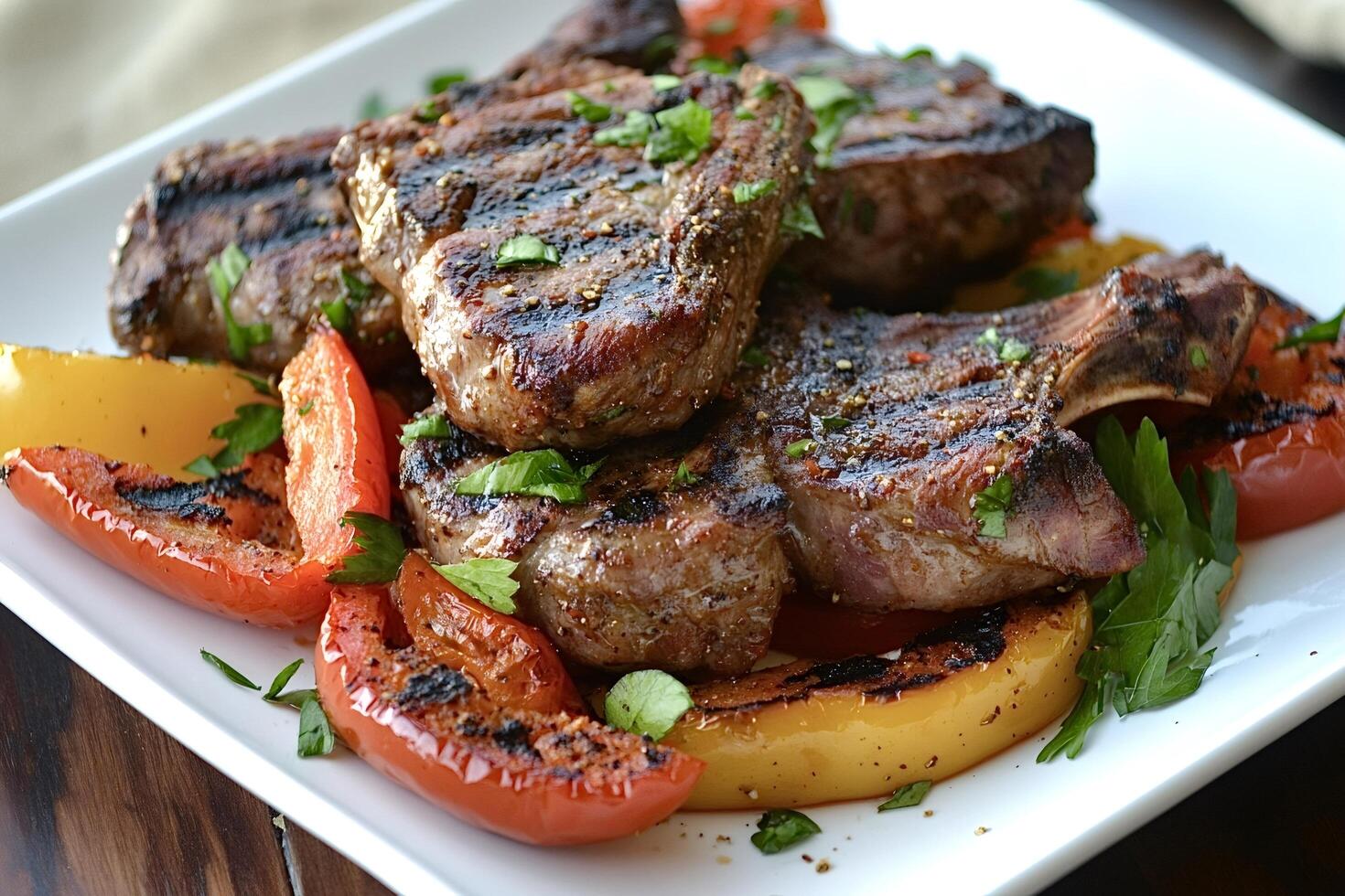 Grilled lamb chops with roasted bell peppers and parsley garnish photo