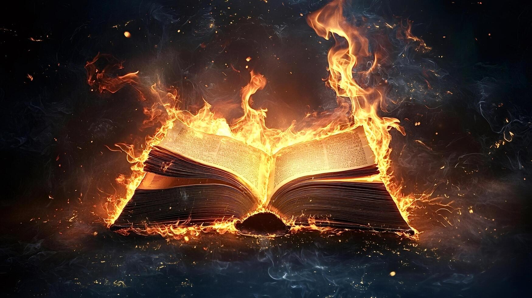 Open burning book with flames and smoke on dark background photo