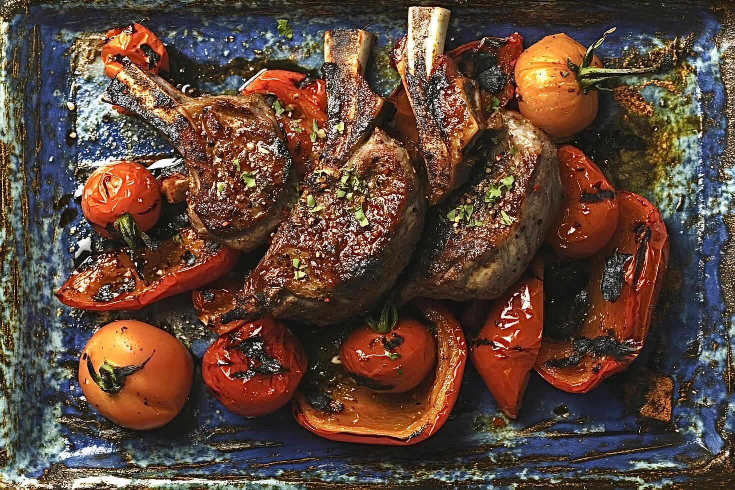 Grilled lamb chops with roasted tomatoes and peppers on blue plate photo
