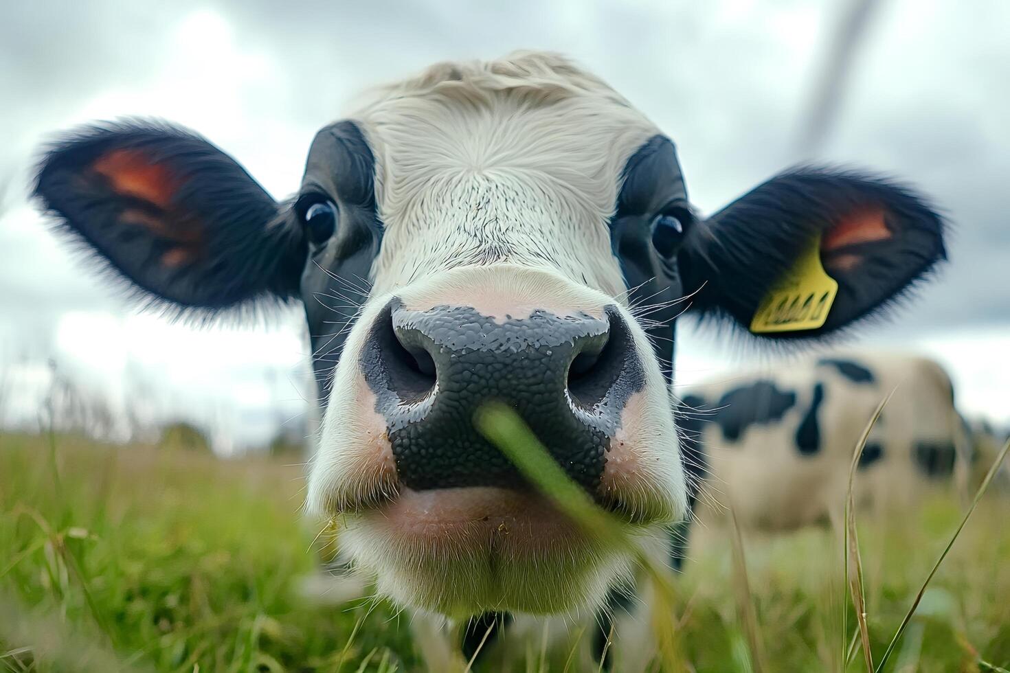 Curious cow grazing in green pasture close-up of a dairy cow photo