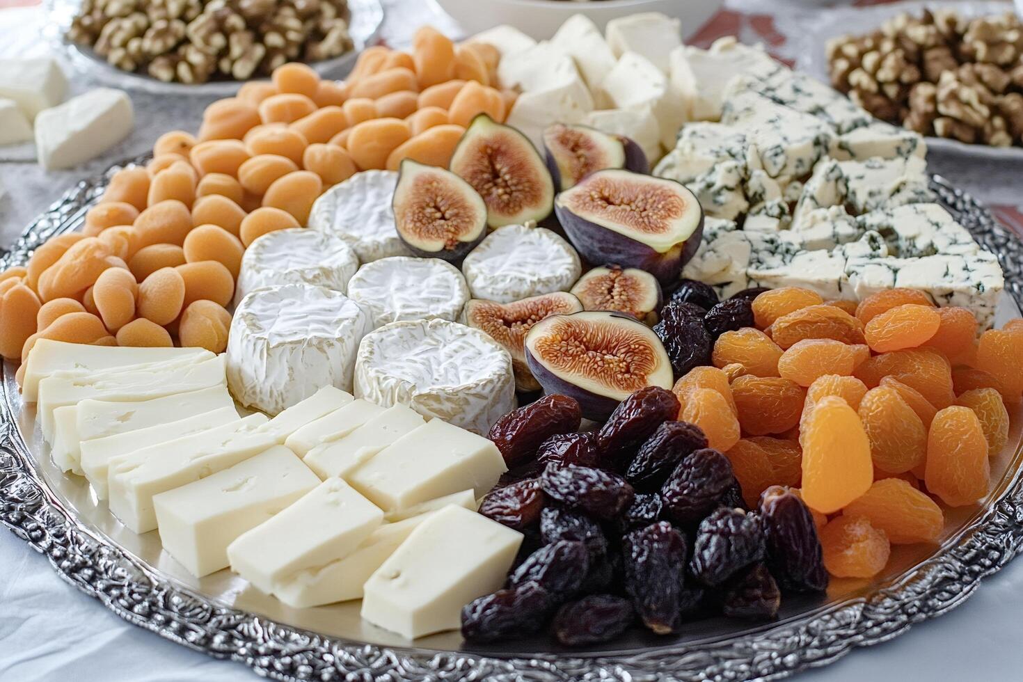 Silver tray presenting delicious cheese, figs, dates, and apricots photo