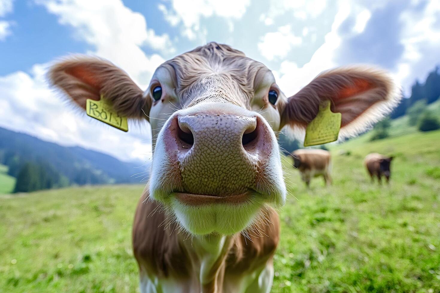 Curious cow posing in a green meadow on the alps photo