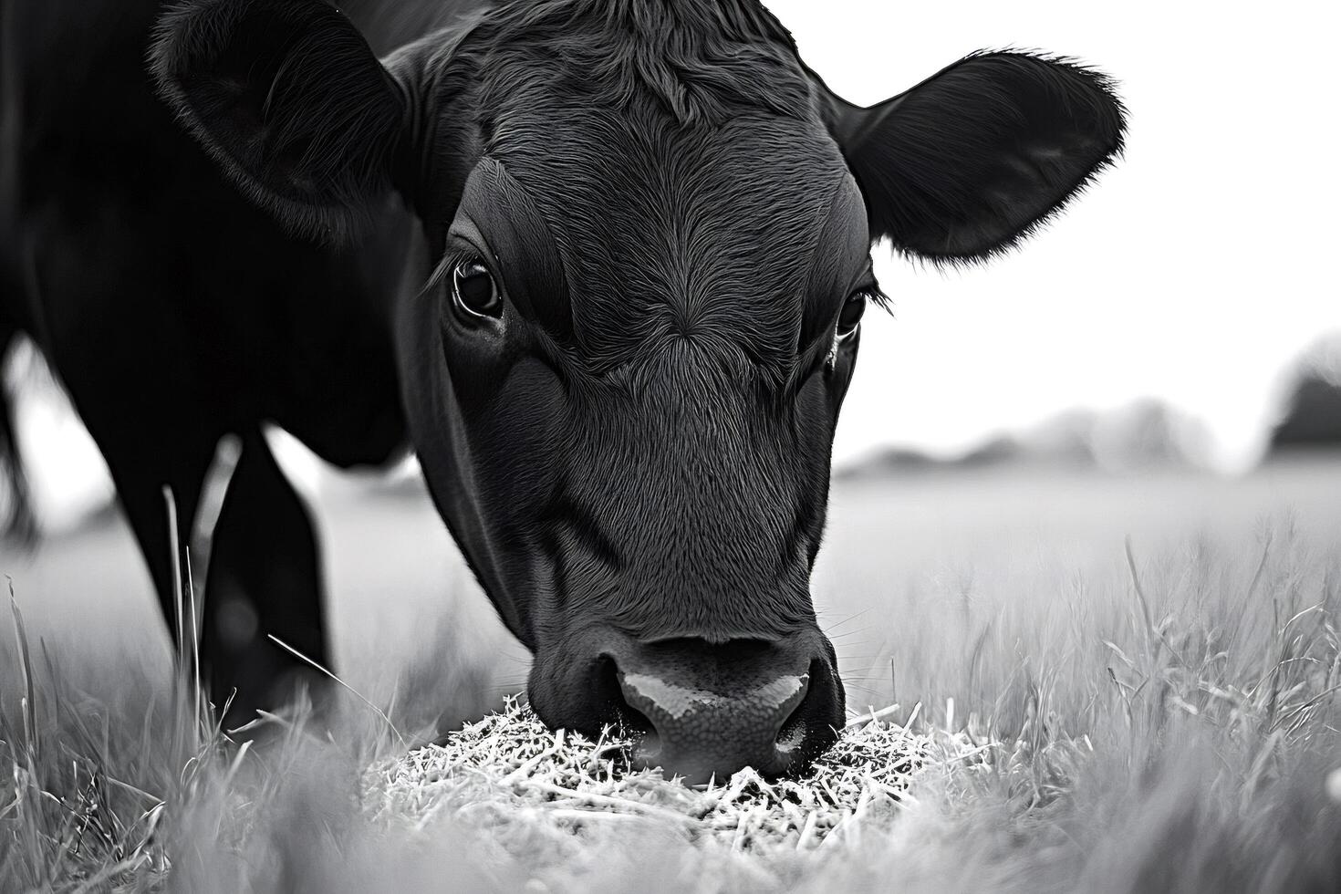 Black angus cow eating hay in a field, black and white photography photo