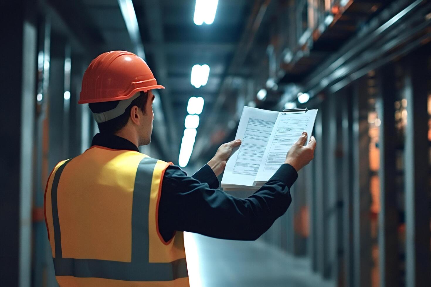 Engineer inspecting documents in industrial building corridor photo