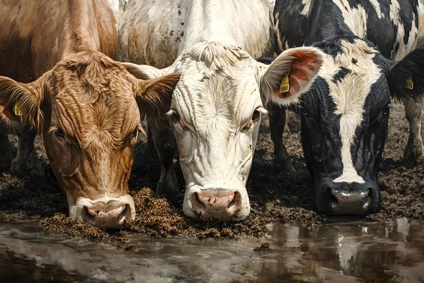 Three cows drinking water in muddy puddle on farm photo