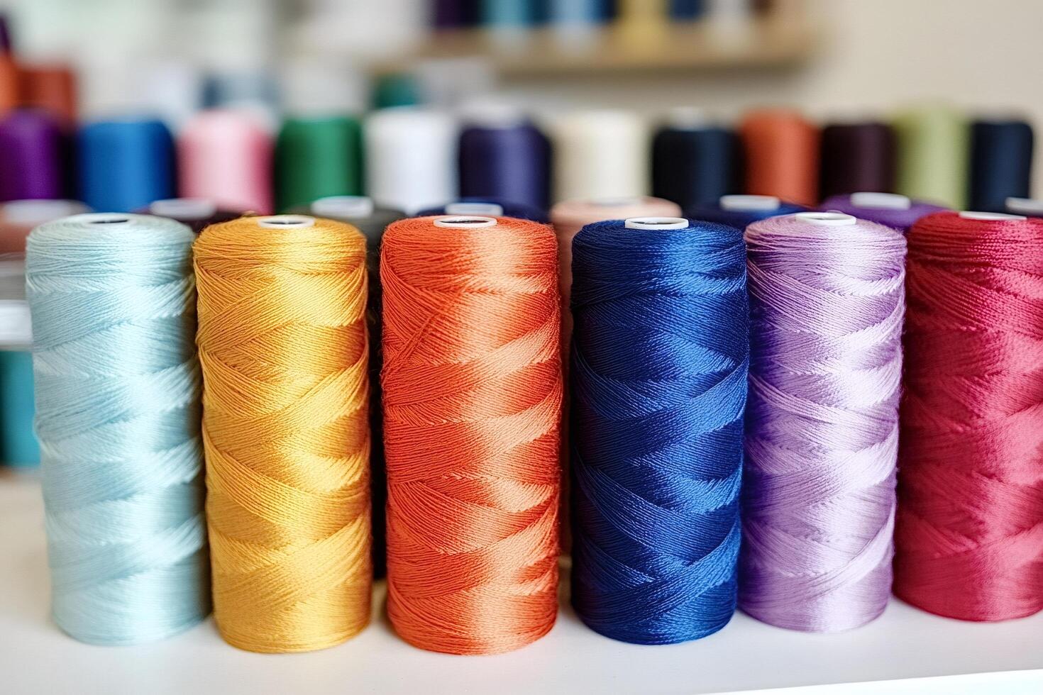 Colorful spools of thread creating a vibrant array for sewing and embroidery photo