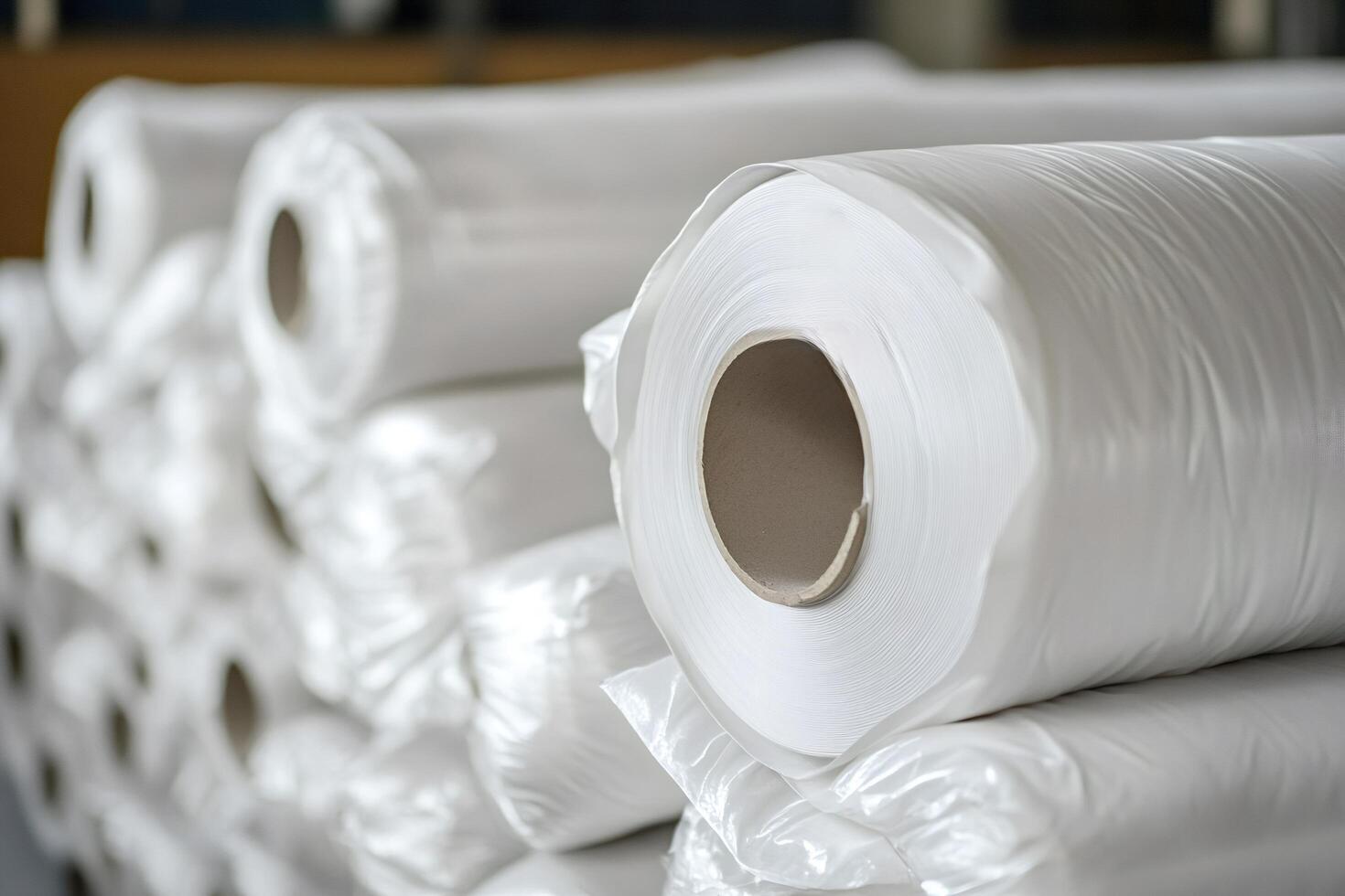 Large rolls of white plastic material resting on top of each other in warehouse photo