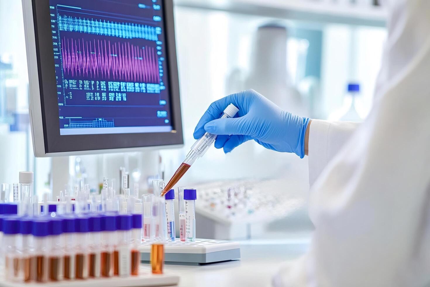 Scientist analyzing test tubes with pipette in laboratory setting photo