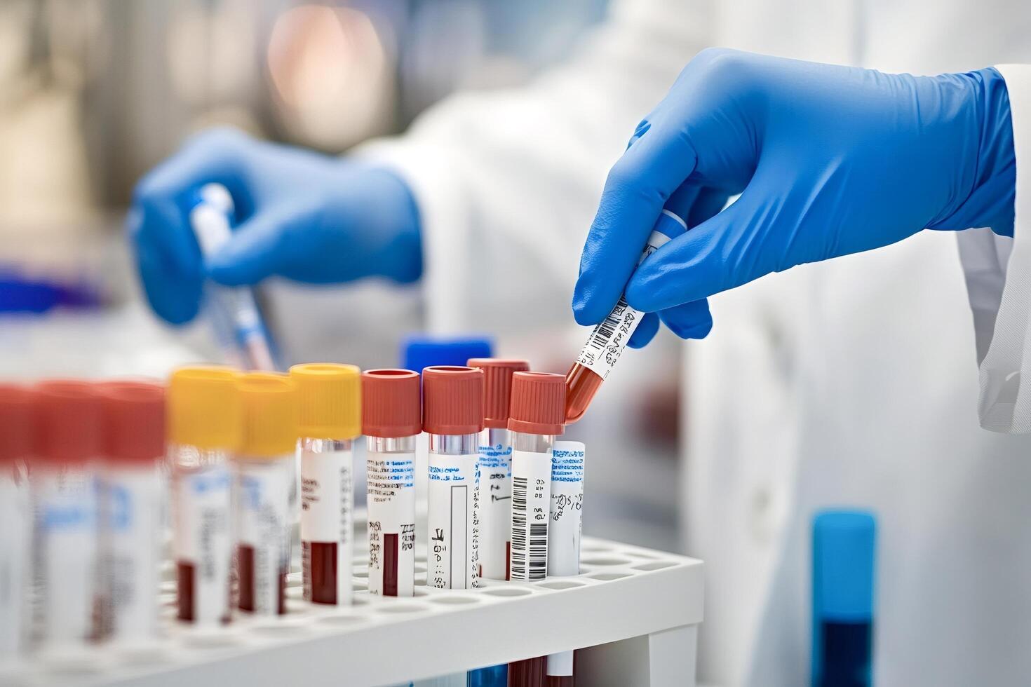 Scientist placing test tube with blood sample in rack in laboratory photo