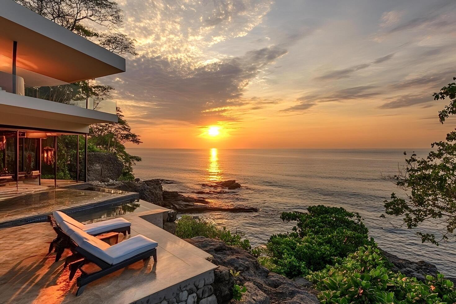 Luxurious infinity pool overlooking tropical ocean at sunset photo