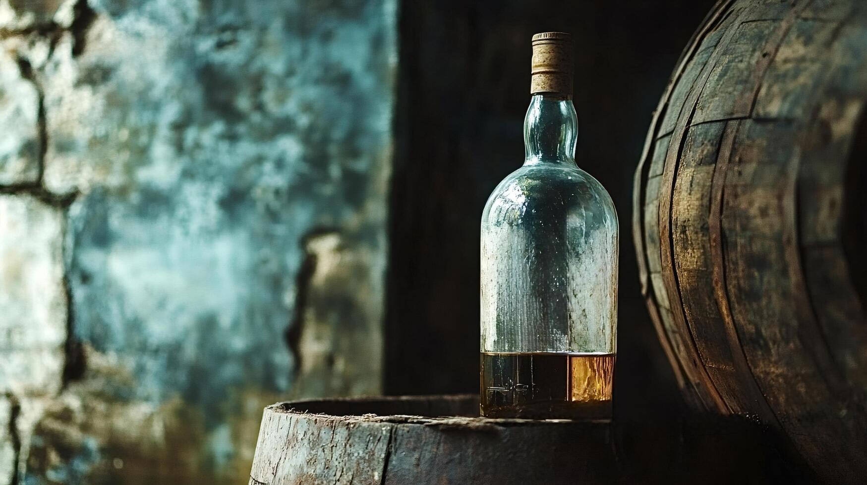 Partially full whiskey bottle resting on oak barrel in cellar photo
