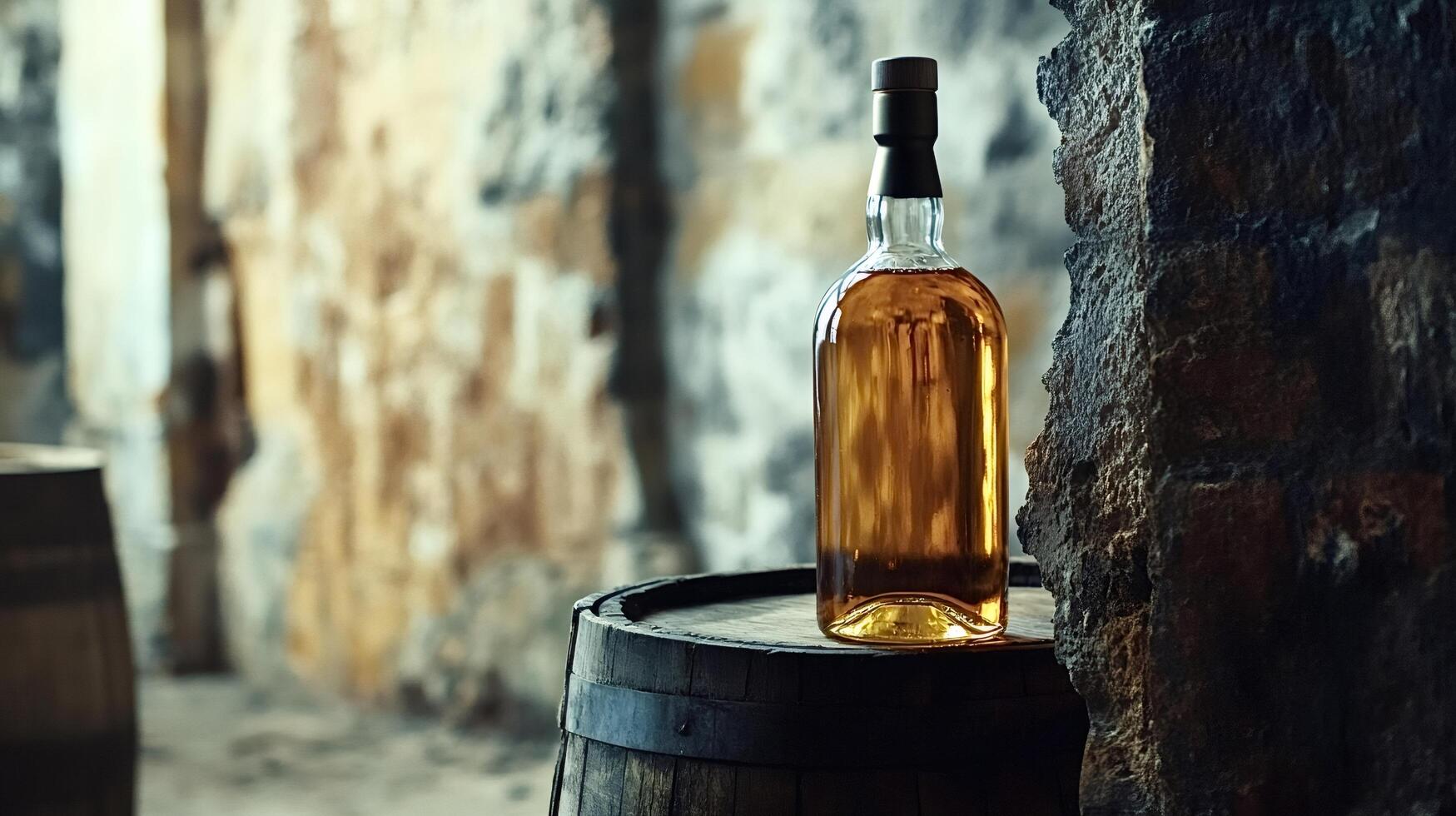 Bottle of whisky resting on wooden barrel in distillery cellar photo