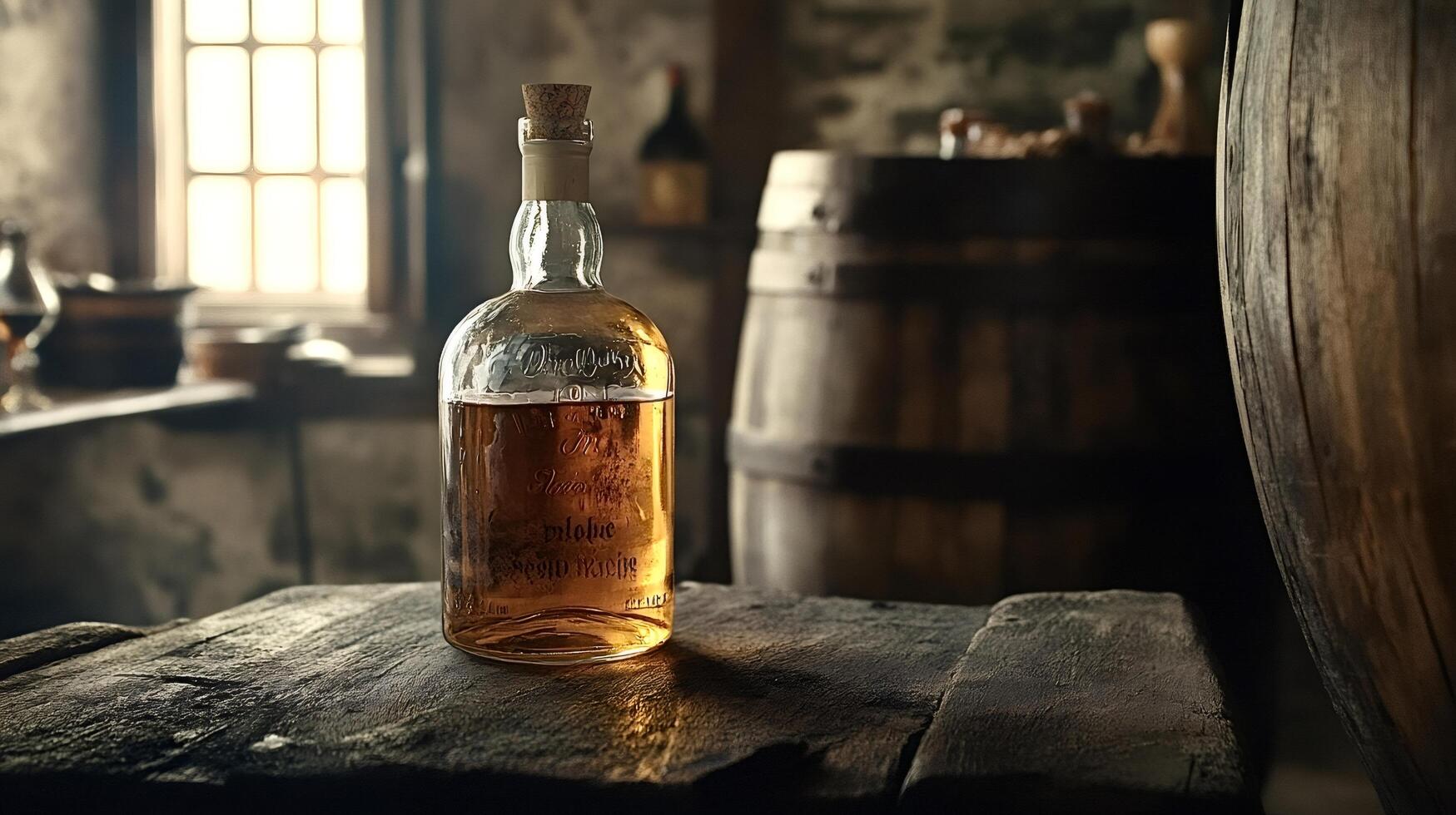 Old bottle of whiskey resting on wooden table in distillery photo