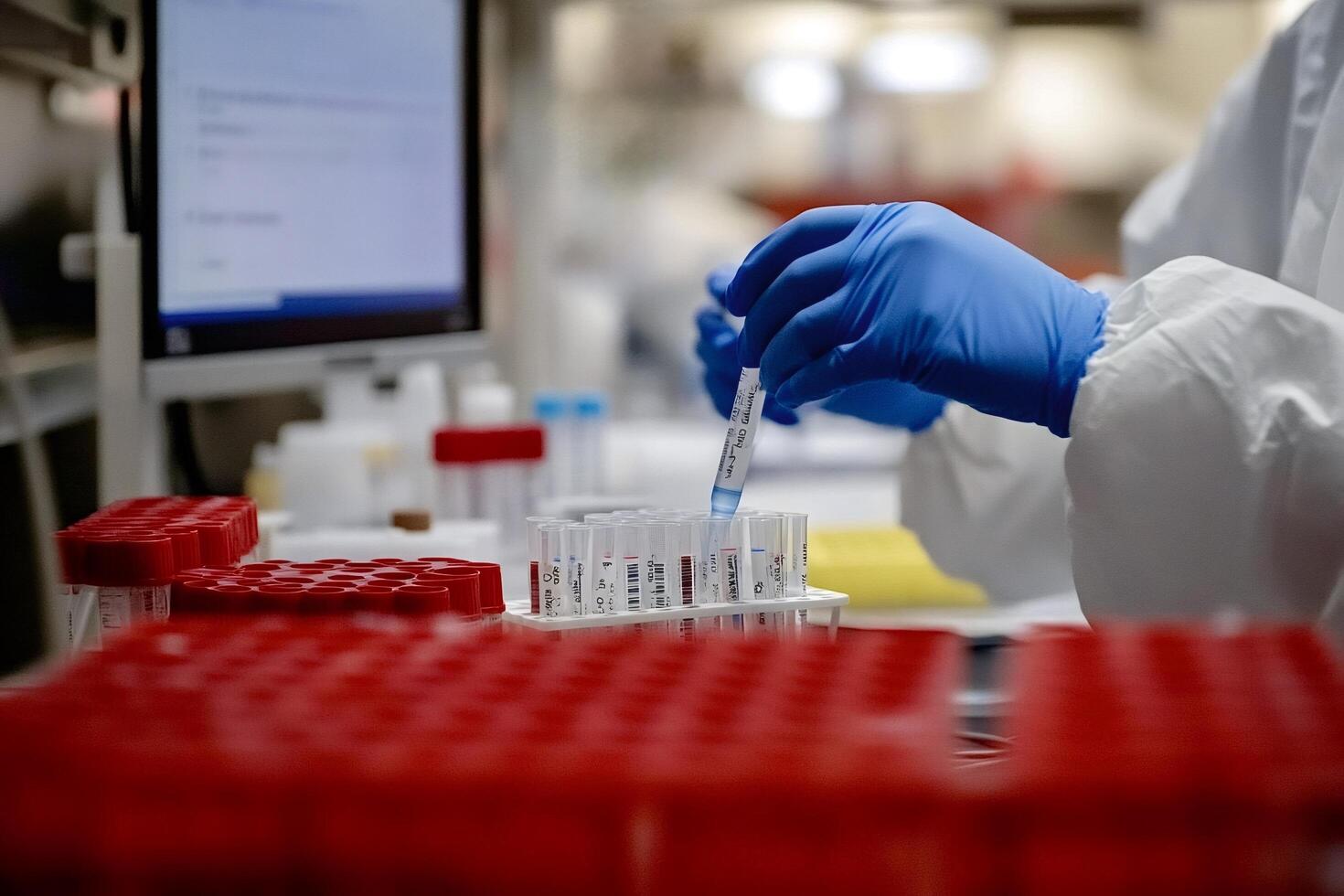 Scientist analyzing medical samples in laboratory setting photo