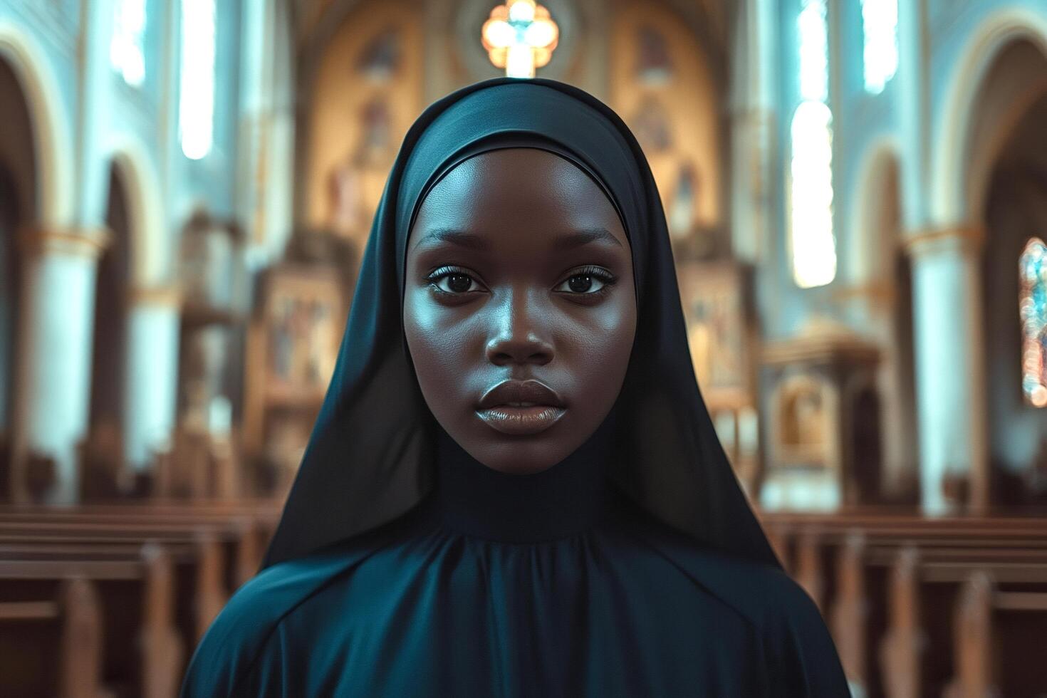 Young nun posing in church wearing black habit photo