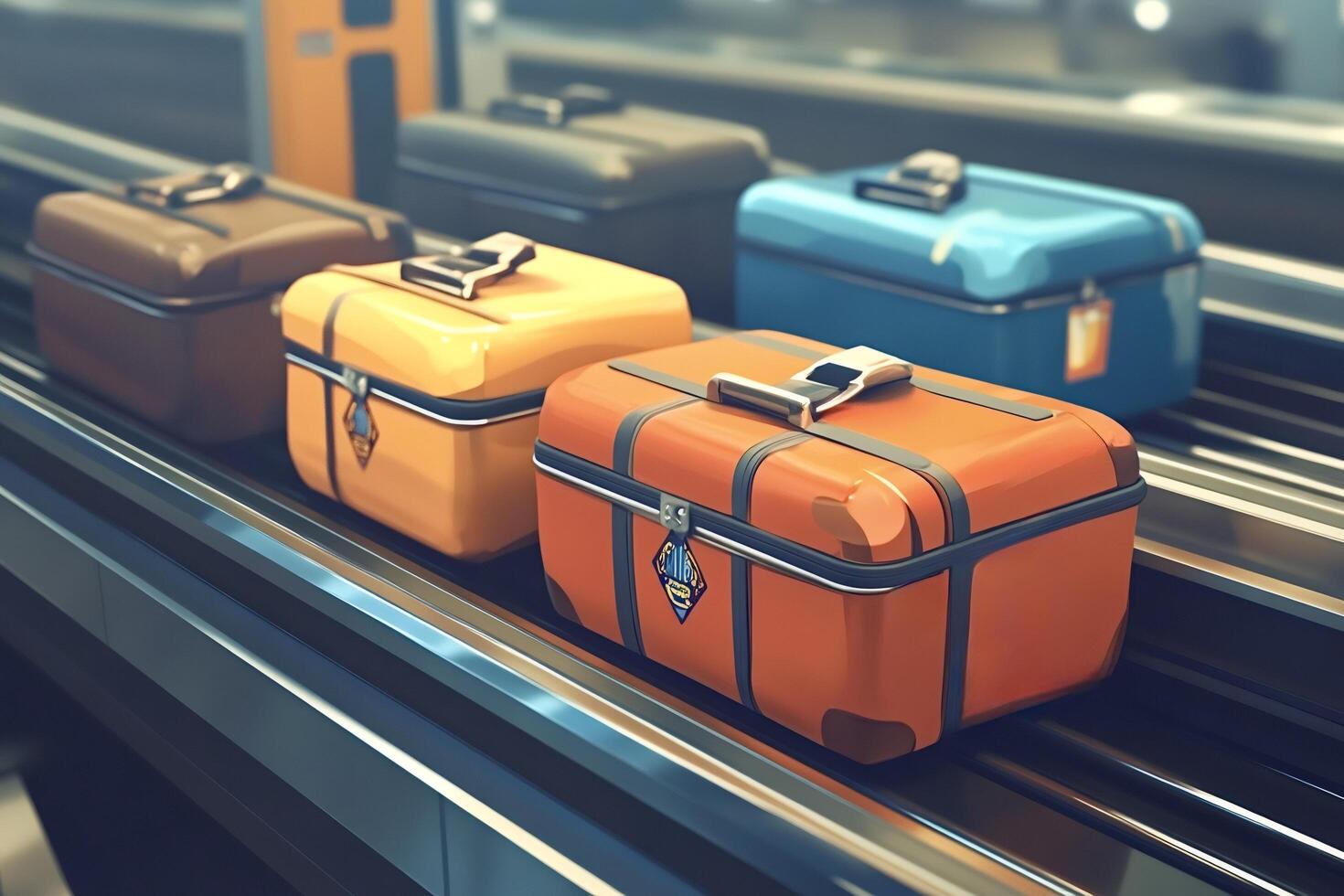 Luggage on conveyor belt moving in airport terminal photo