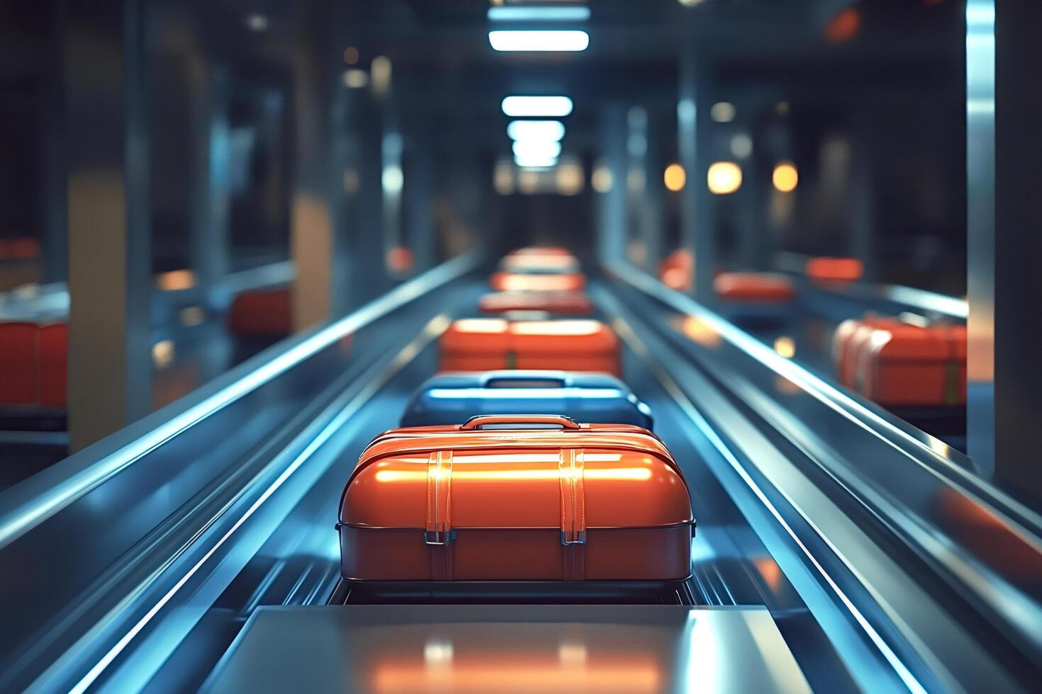 Luggage moving on conveyor belt in airport terminal photo