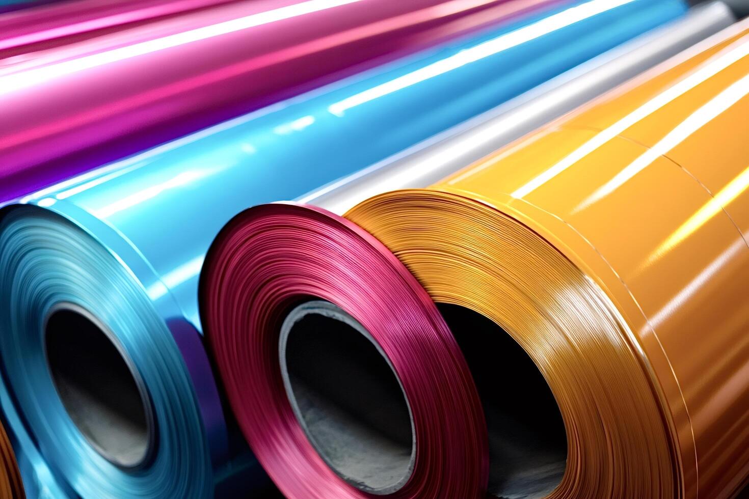 Colorful metal rolls creating vibrant design in industrial setting photo