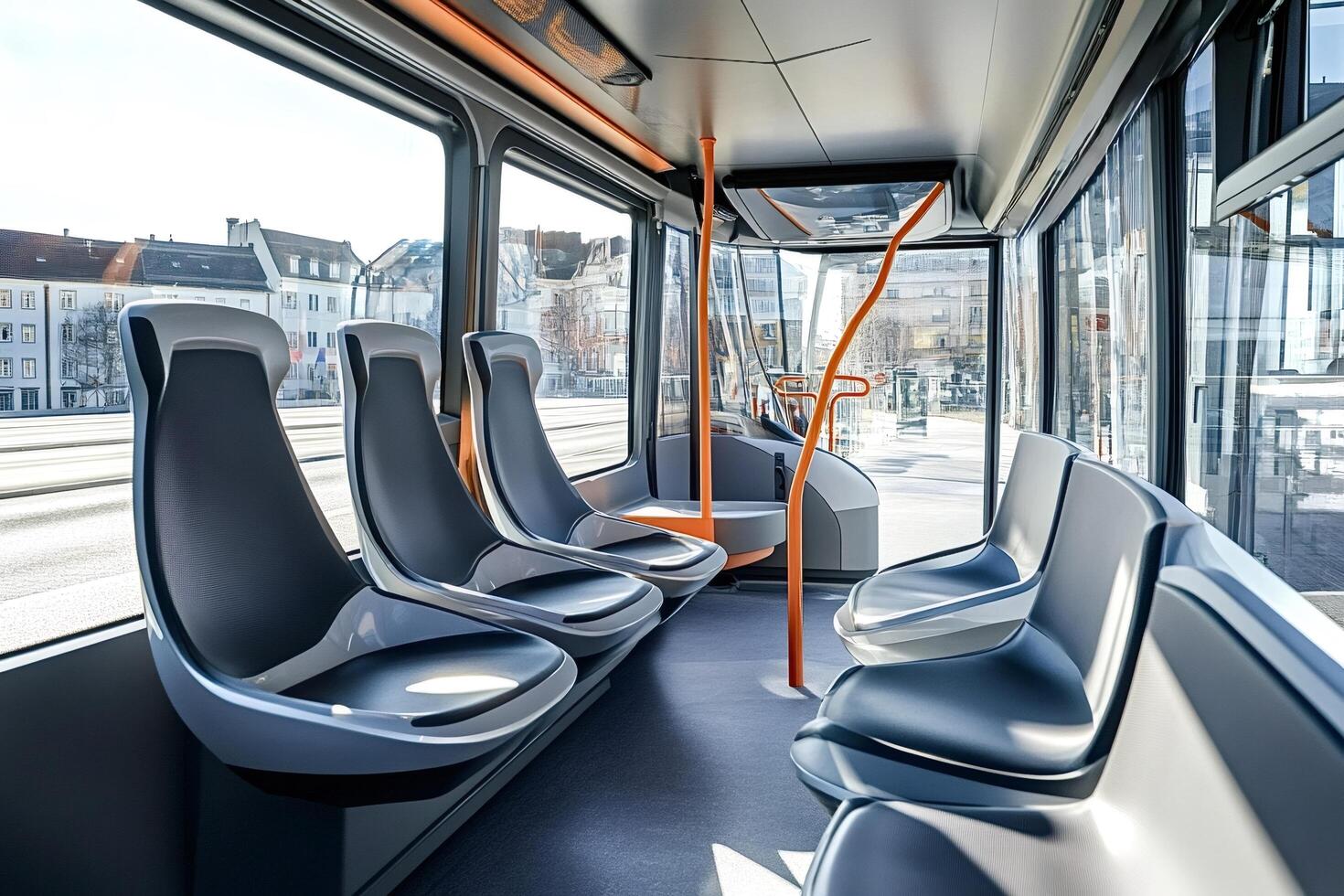 Modern and comfortable interior of an empty city tram or bus photo
