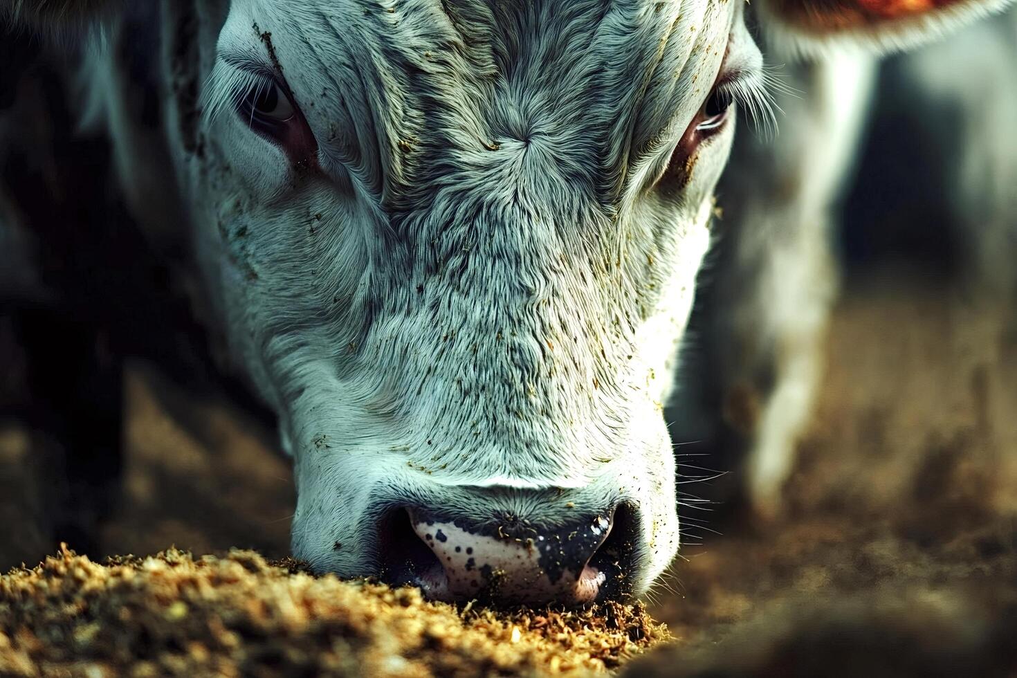 Cow eating hay close-up of a cow enjoying its meal photo