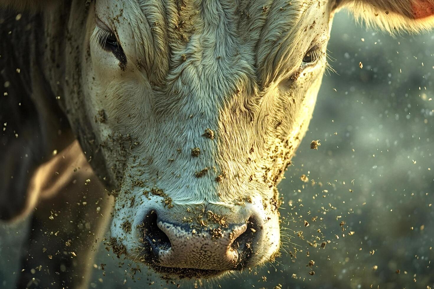 Cow sniffing ground, throwing dirt particles in the air photo