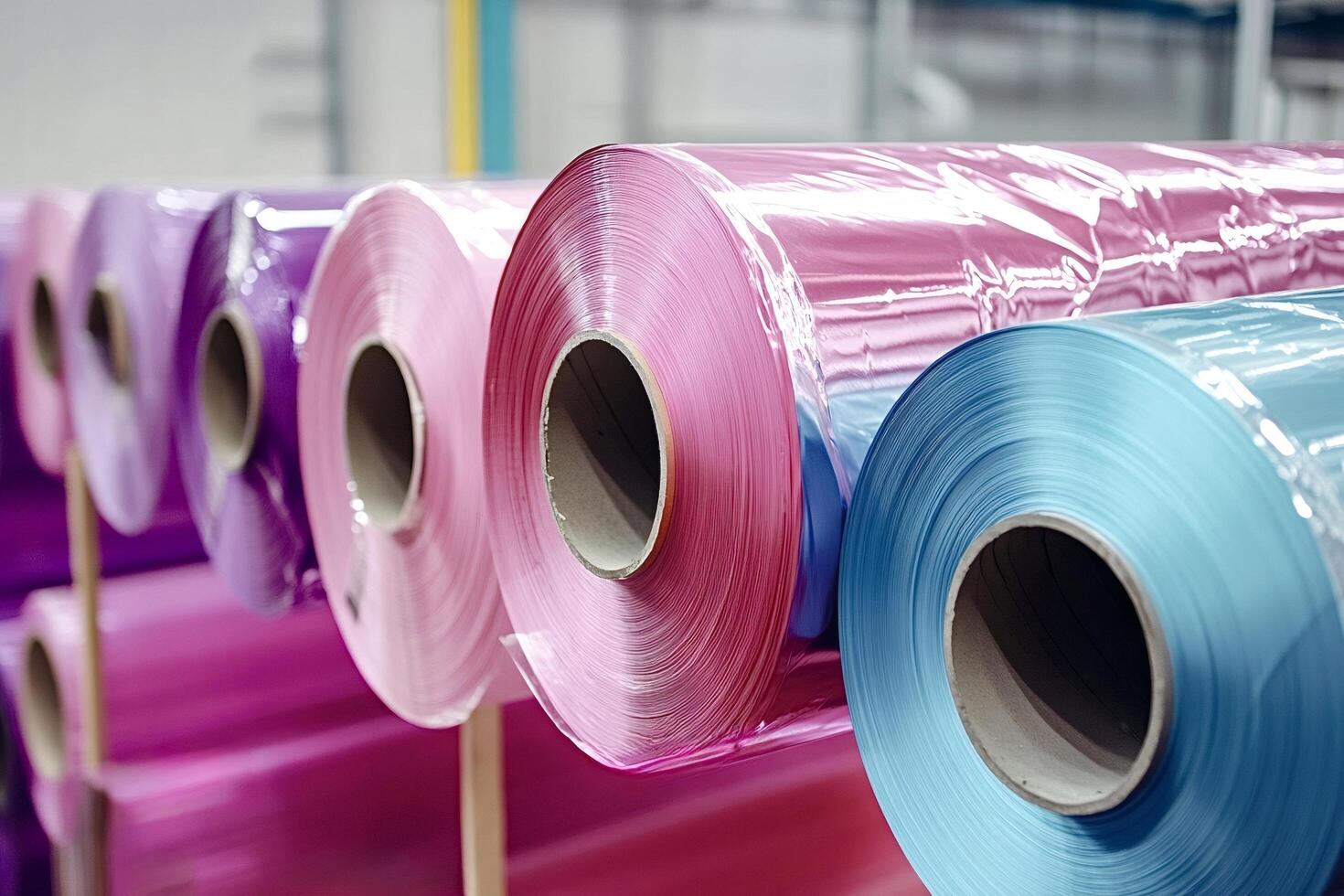 Colorful plastic rolls storing in warehouse industrial manufacturing process photo
